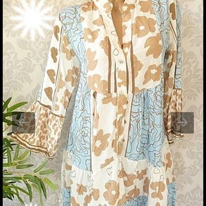 Beige Floral Print Aqua Bell Sleeve Prairie Mini Dress